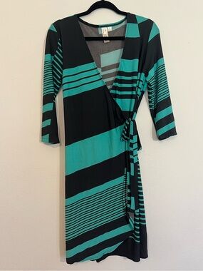 Emma & Michele Black and Teal Striped Wrap Knee-Length Dress Size Medium